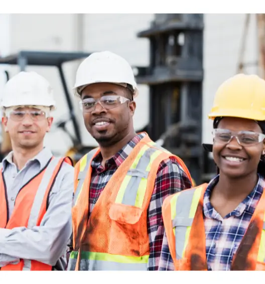 Construction workers wearing vest, hard hats and safety glasses